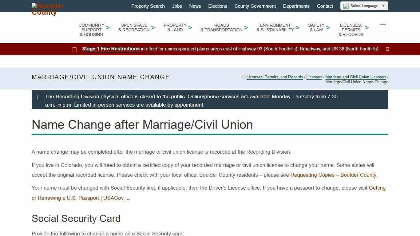 Marriage/Civil Union Name Change - Boulder County